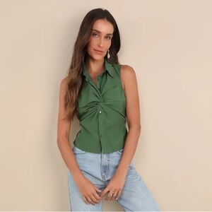Lulus Iconic Chicness Green Collared Twist-Front Button-Up Tank Top